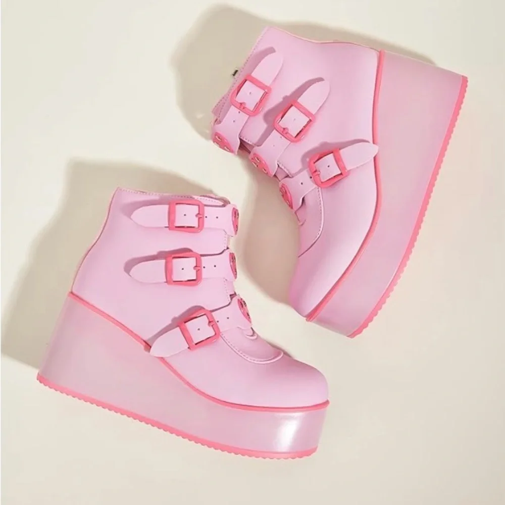 Pink Platform Wedge Ankle Boots with Heart Buckles